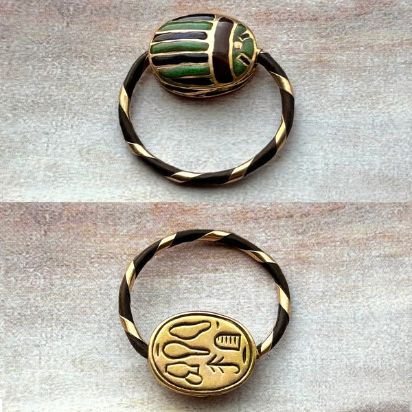 Antique Enamel & Elephant Hair Scarab Swivel Ring