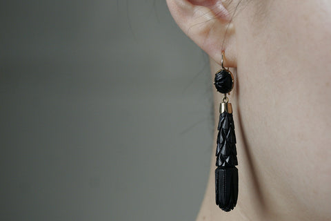 Victorian Carved Whitby Jet Drop Earrings