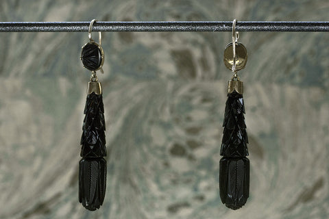 Victorian Carved Whitby Jet Drop Earrings