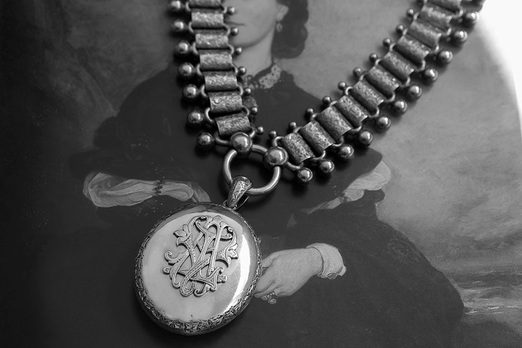 VICTORIAN sterling silver locket and collar circa 1880s, lovely etched urn  and foliate design - Morning Glory Jewelry & Antiques